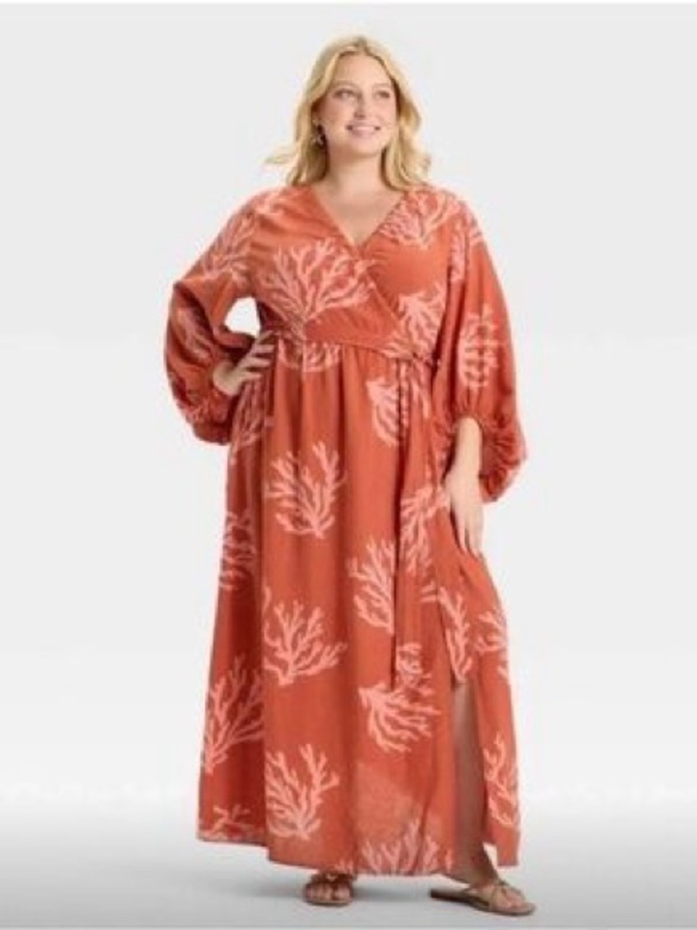 Ava & Viv Rust Coral Print Wrap Maxi Dress size 2x